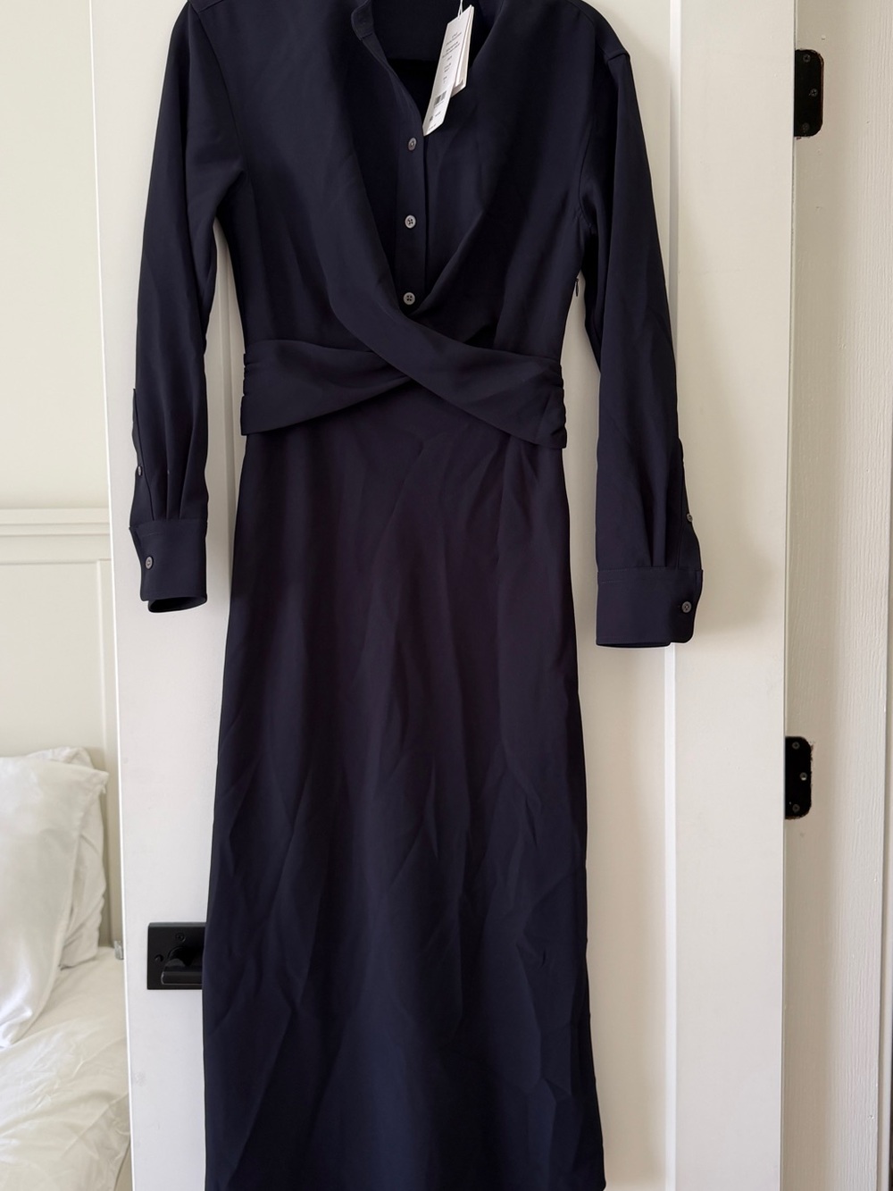 Veronica Beard Navy Long-Sleeve Twist-Waist Shirt Dress